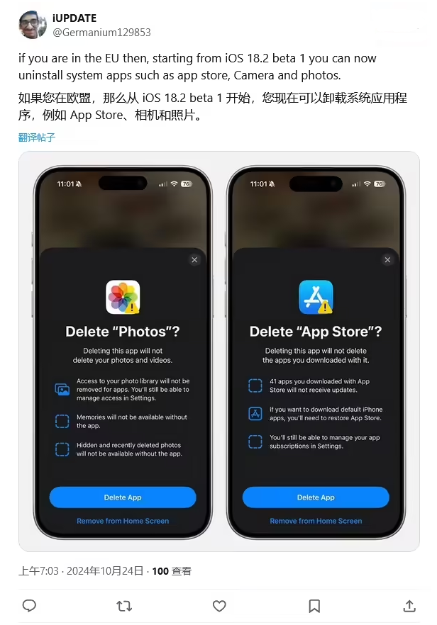 沙河口苹果手机维修分享iOS 18.2 支持删除 App Store 应用商店 